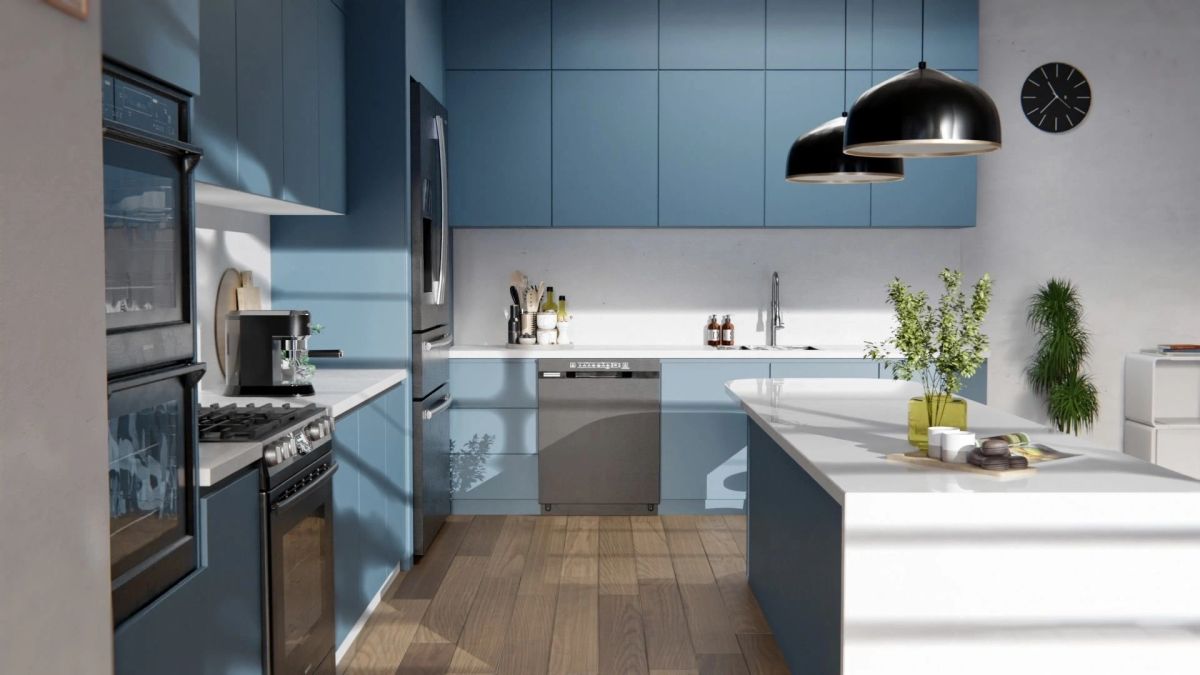 Solid blue cabinetry