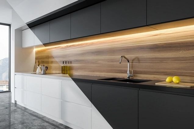 Kitchen fit-out wrap with timber splashback
